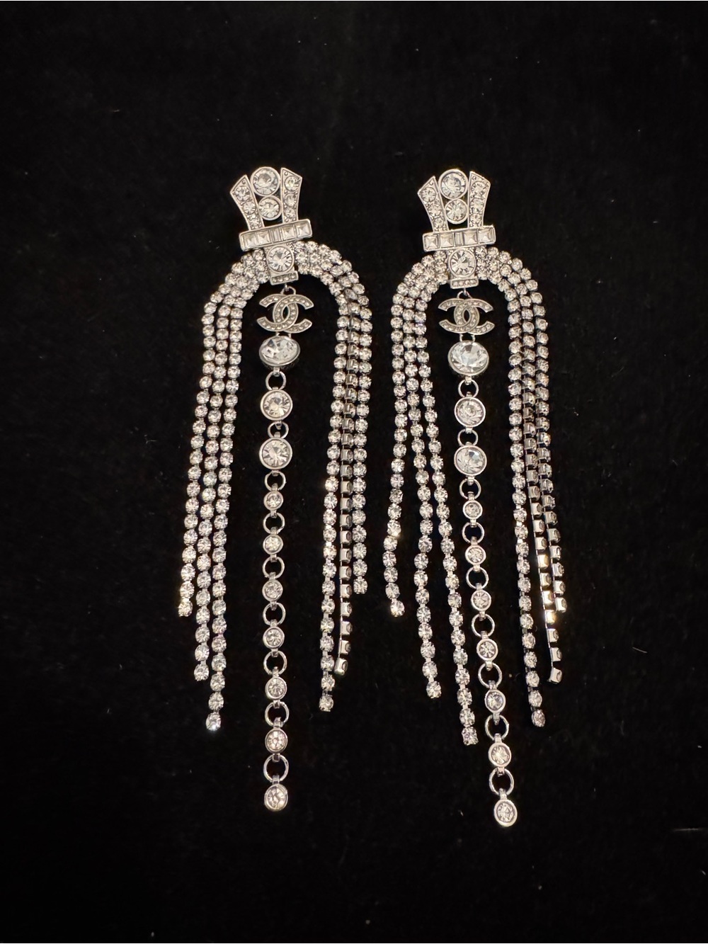 CHANEL Silver Crystal Fringe Drop Earrings